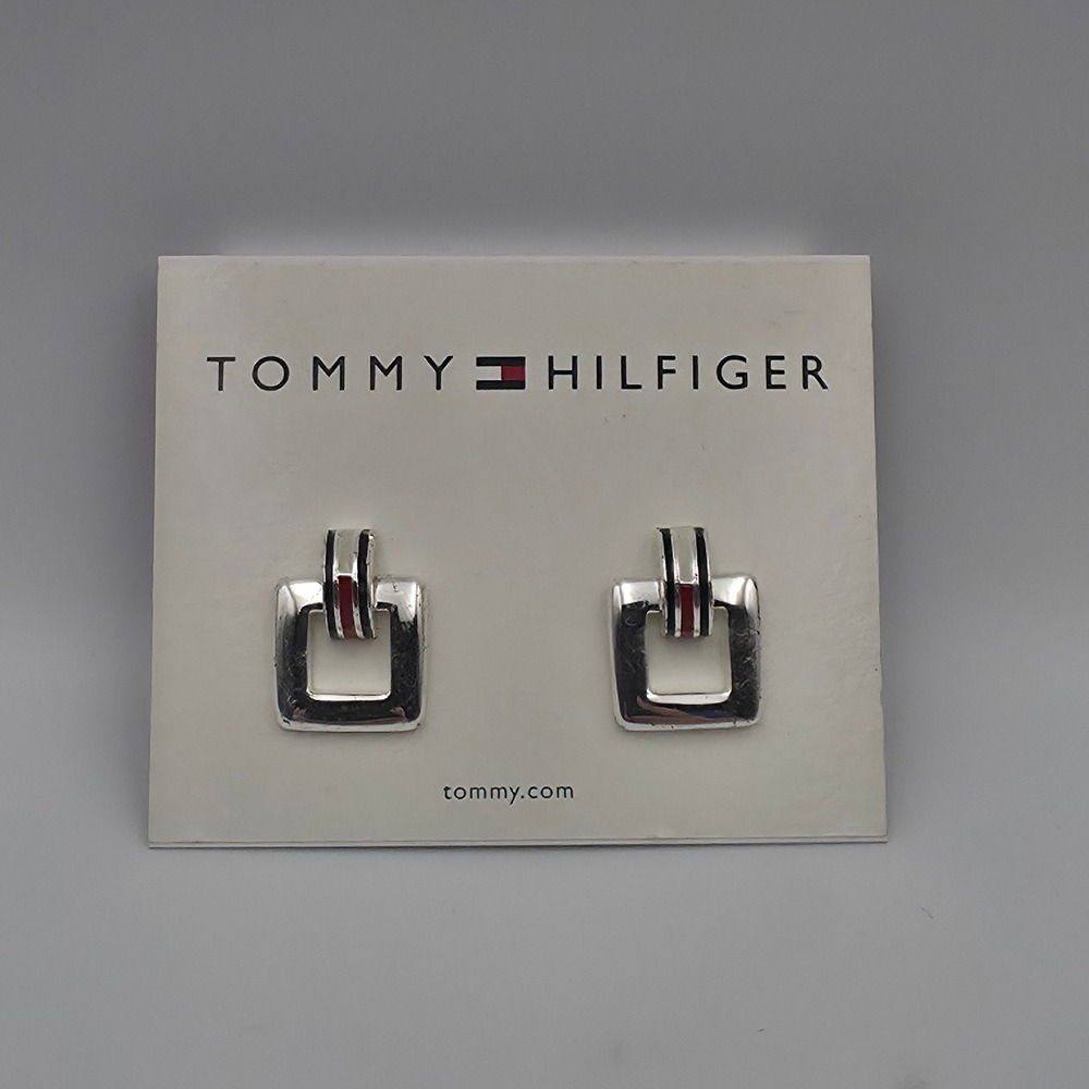Tommy Hilfiger Silver Tone Earrings Y2K Enamel Stripe Square Door Knocker Stud